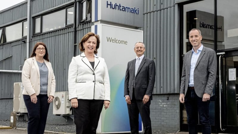 Minister Diane Dodds at the Huhtamaki plant in west Belfast with the company&#39;s site lead Patricia Lavery and general manager Ciaran Doherty. Included is Invest NI chief executive Kevin Holland 