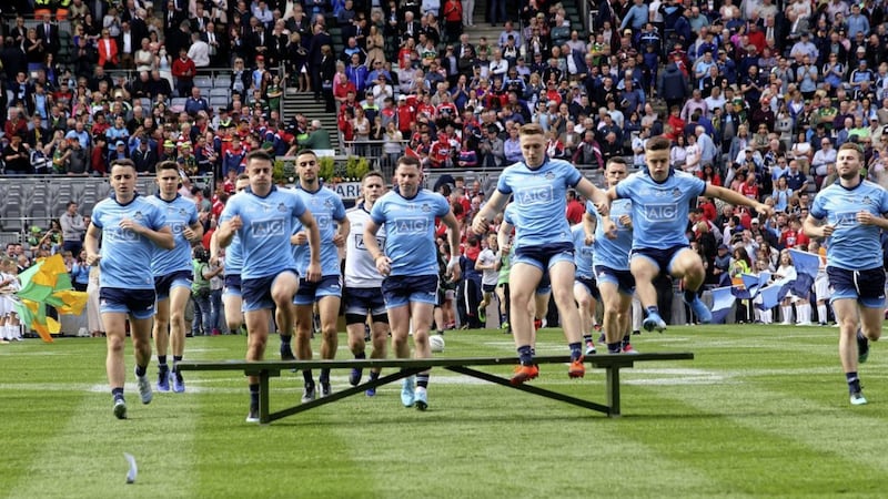 Dublin players run out to the bench on All-Ireland SFC final day at Croke Park on September 1 2019. Picture by Seamus Loughran. 