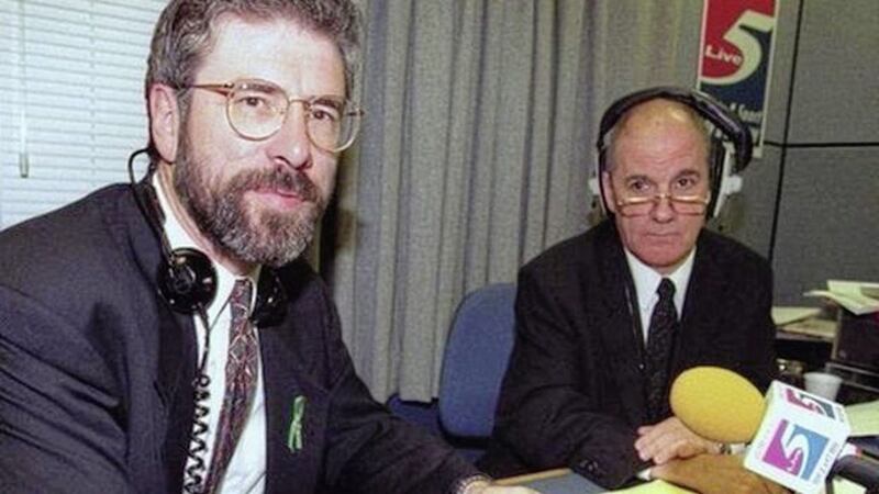 Sinn F&eacute;in president Gerry Adams speaking on BBC Radio Five Live to promote a book in September 1996 