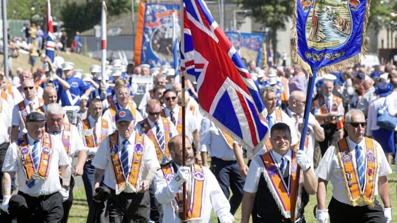 Participants at an Orange Order march in Cowdenbeath, Fife. PRESS ASSOCIATION Photo. Picture date: Saturday June 30, 2018. The politician accepted an invite to the event, organised by the Grand Orange Lodge of Scotland. See PA story POLITICS Foster. Photo credit should read: David Cheskin/PA Wire 