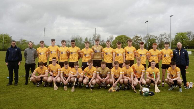 Antrim manager Dominic McKinley (far right) and coaches Ciaran McCambridge and Andrew Breslin with the Antrim U16/17 squad that takes on Derry in Saturday&#39;s William Robinson Celtic Challenge final at Dunsilly. Picture by Mark Marlow 