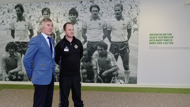 Northern Ireland legend Pat Jennings (left) in front of an image of the 1982 World Cup team, including current Republic of Ireland boss Martin O&#39;Neill, at the official opening of the Irish FA Education and Heritage Centre. Picture By: Arthur Allison, Pacemaker 