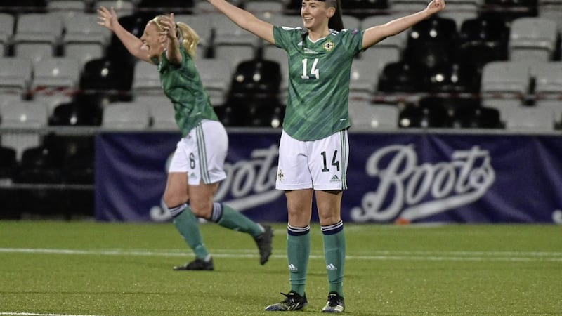 Toni-Leigh Finnegan celebrates after Northern Ireland secured their place at next month's Women's Euros.<br /> Pic Colm Lenaghan/Pacemaker
