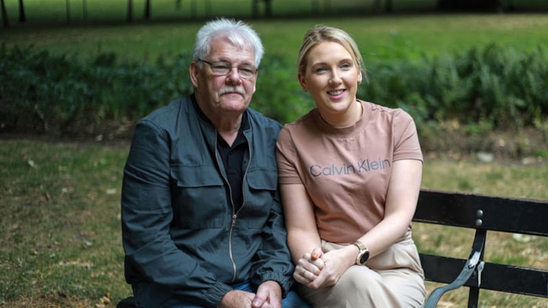 Martin McGavigan (62) and his daughter Maria McGavigan (37) in Russell Square, London. Martin's sister Annette McGavigan was fatally wounded at the age of 14 when the British Army fired into a crowd of bystanders at a riot in the Bogside on 6 September 1971. Picture by Ashlee Ruggels/PA Wire&nbsp;