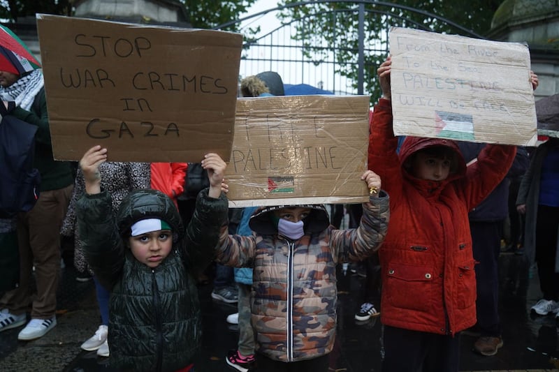 Brothers Ryan Atmeh, four, Sahem Al din Atmeh, six, and Karim Atmeh, eight,from Skerries, Co. Dublin, join pro-Palestinian protesters at a demonstration outside Leinster House 