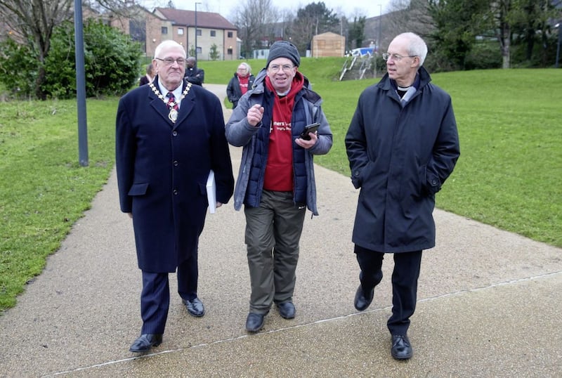 Archbishop of Canterbury Justin Welby, pictured right, with Belfast Deputy Lord Mayor Tom Haire and Fr Martin Magill, during this year&#39;s Four Corners Festival in Belfast. The Archbishop was one of the event&#39;s keynote speakers. Picture by Mal McCann. 