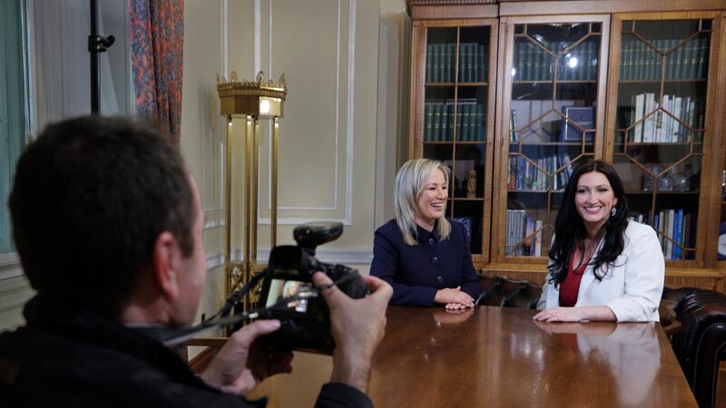 Behind the scenes at Stormont during an official portrait session of First Minister Michelle O’Neill (centre) and Deputy First Minister Emma Little-Pengelly (right) by Kelvin Boyes in the office of First Minister on the day Ms. O’Neill became Northern Ireland’s first nationalist First Minister. A “historic day” has been hailed as devolved government is expected to return in Northern Ireland. Picture date: Saturday February 3, 2024. PA Photo. See PA story ULSTER Stormont. Photo credit should read: Liam McBurney/PA Wire