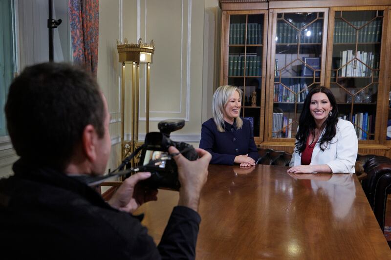 Behind the scenes at Stormont during an official portrait session of First Minister Michelle O’Neill (centre) and Deputy First Minister Emma Little-Pengelly (right) by Kelvin Boyes in the office of First Minister on the day Ms. O’Neill became Northern Ireland’s first nationalist First Minister. A “historic day” has been hailed as devolved government is expected to return in Northern Ireland. Picture date: Saturday February 3, 2024. PA Photo. See PA story ULSTER Stormont. Photo credit should read: Liam McBurney/PA Wire