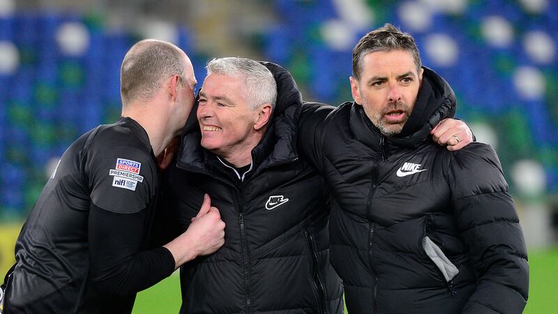 Larne manager Tiernan Lynch pictured celebrating after Monday night's game against Linfield at Windsor Park in Belfast.
Picture: Arthur Allison/Pacemaker Press.