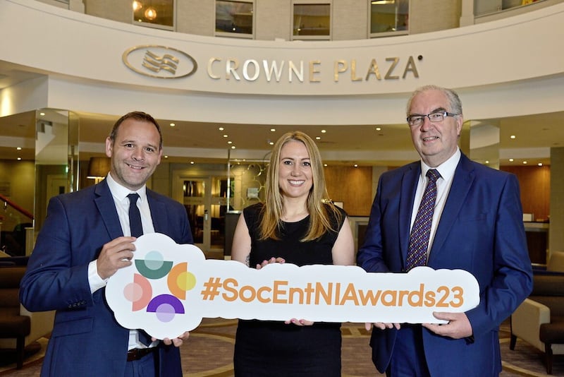 The annual NI Social Enterprise Awards 2023 are now open for applications. The awards, organised by Social Enterprise Northern Ireland, celebrate the outstanding work and impact of social enterprises across the region, highlighting the active role that social enterprises play in building places, supporting communities, and making a positive impact on our environment and wellbeing. Winners will be revealed on Friday October 27 at a gala award ceremony in the Crowne Plaza Hotel, Shaws Bridge Belfast, hosted by BBC radio presenter Cate Conway. Pictured is Cate Conway (centre), with Chief Executive of Social Enterprise NI, Colin Jess. Pictured (L-R): Brendan Gallagher from Faithful Gould, who have been announced as the headline sponsor for the awards, with Cate Conway and the chief executive of Social Enterprise Northern Ireland, Colin Jess. 