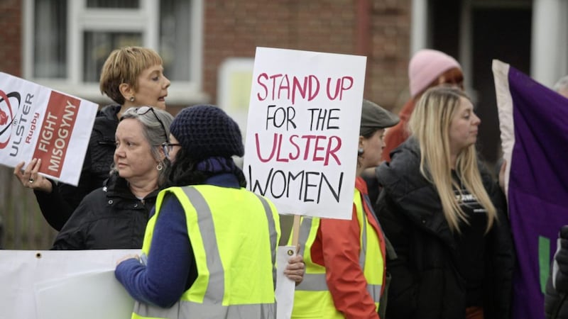 Protestors outside the Kingspan Stadium before the Ulster rugby match. Picture by Matt Bohill 