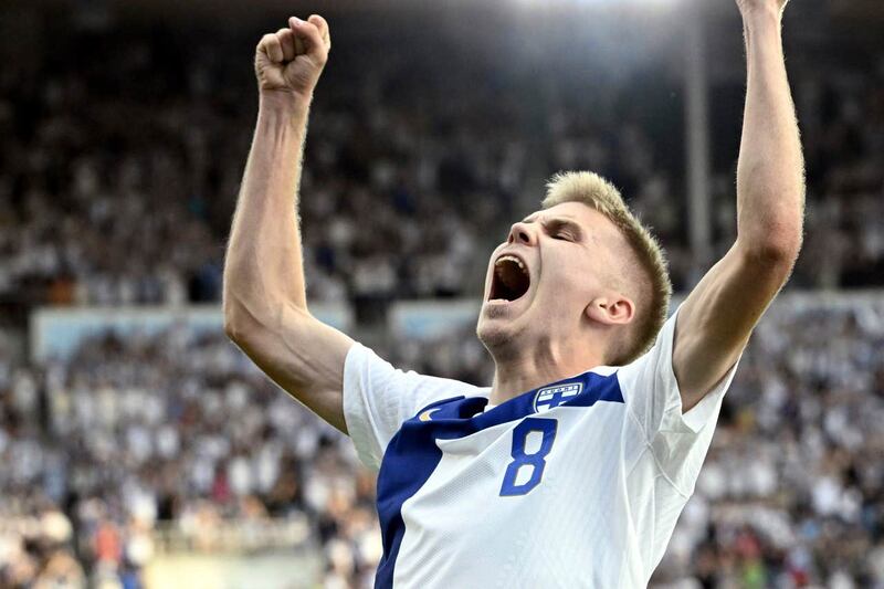 Oliver Antman of Finland celebrates his goal