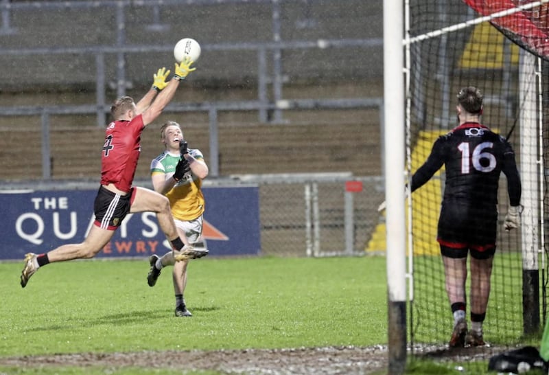 Lee Pearson fists over Offaly&#39;s winning score during Saturday night&#39;s crunch Division Two clash at Pairc Esler in Newry. Picture by Philip Walsh 