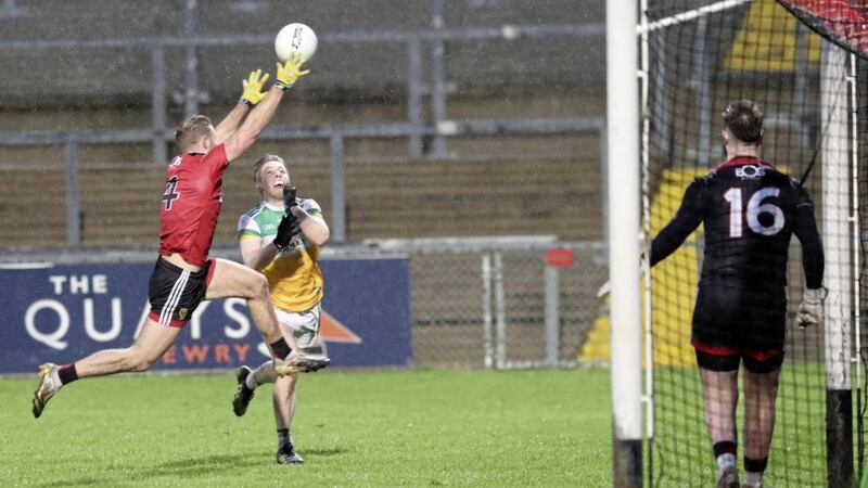 Lee Pearson fists over Offaly&#39;s winning score during Saturday night&#39;s crunch Division Two clash at Pairc Esler in Newry. Picture by Philip Walsh 