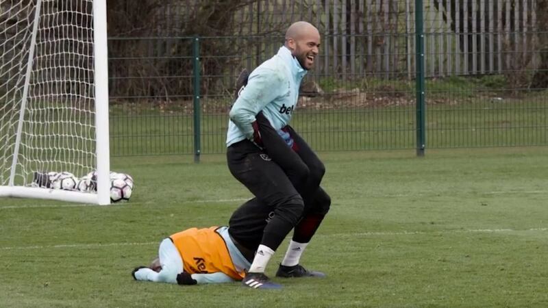 West Ham's Darren Randolph tried out some WWE moves on winger Michail Antonio