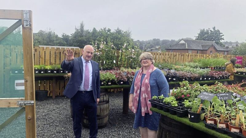 Secretary of State for Work and Pensions Th&eacute;r&egrave;se Coffey with David Hunter, chief executive of Access Employment Ltd in Larne 