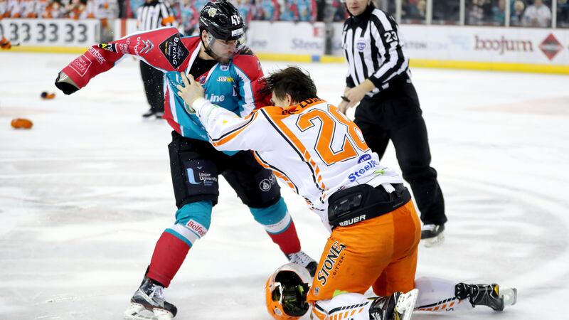Belfast Giants' Adam Keefe clashes with Zack Fitzgerald of the Sheffield Steelers' during Sunday's Elite League game at the SSE Arena <br />Picture by Presseye&nbsp;