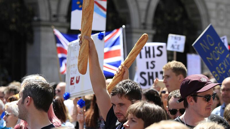 Remain supporters with baguettes near Park Lane in London at the weekend, as they take part in the March for Europe rally to Parliament Square to show their support for the European Union in the wake of Brexit. Picture by Jonathan Brady, Press Association