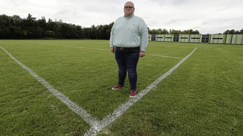 SDLP councillor S&eacute;amas de Faoite at the freshly lined out GAA pitch at Victoria Park in east Belfast. Picture by Hugh Russell. 