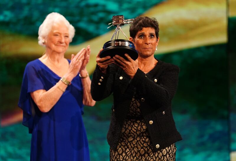 Fatima Whitbread poses with The BBC Sports Personality of the Year Helen Rollason Award during the 2023 BBC Sports Personality of the Year Awards