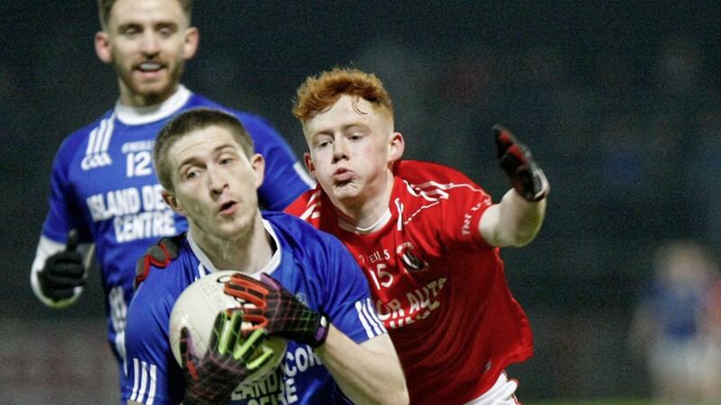 Coalisland&rsquo;s Shane Hughes and Trillick&rsquo;s James Garrity in action during last night&rsquo;s Tyrone quarter-final at Healy Park							 Picture: Jim Dunne 