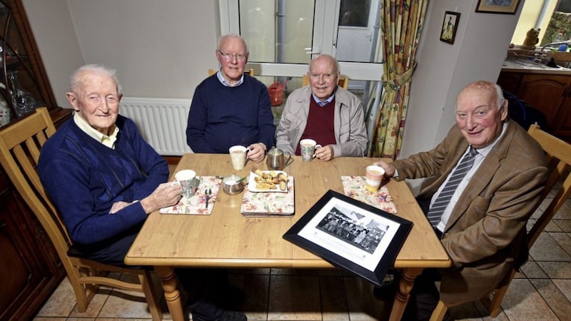 Barney Carr, Miceal O&#39;Hagan, Brian Connolly and Brian Grant relive their 1953 Down senior championship - the last time Warrenpoint lifted the Frank O&#39;Hare Cup. The St Peter&#39;s take on Kilcoo in tomorrow&#39;s decider at Pairc Esler. Picture by Brendan Monaghan 