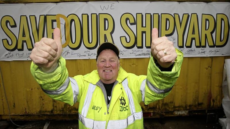 THUMBS UP: One worker at H&amp;W celebrates news that the shipyard has been bought, thus ending a nine-week occupation. Photo: Hugh Russell 