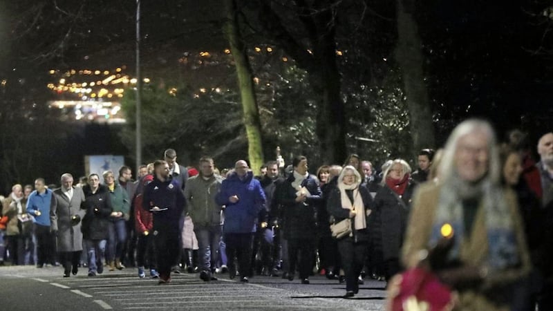 A large crowd walked from Dominican College at Fortwilliam to the service on Somerton Road. Picture by Declan Roughan 