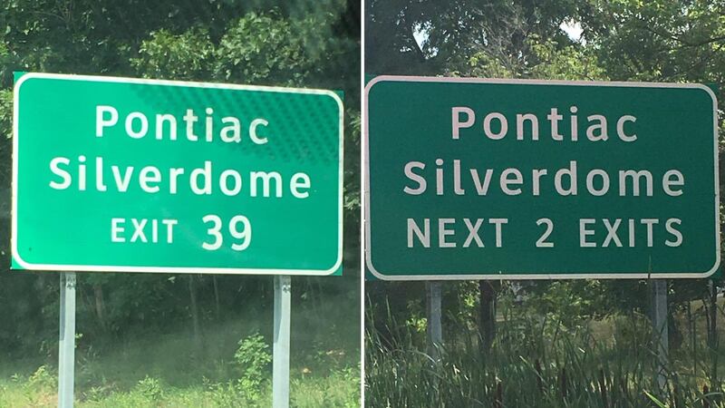 Disused road signs offer a lasting legacy to the old Pontiac Silverdome.