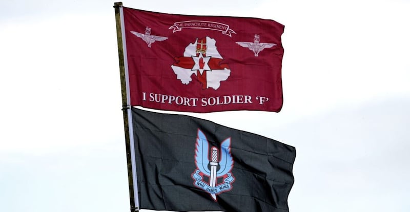 An 'I Support Soldier F ' flag alongside an SAS Regiment flag flying at New Buildings near Derry. Picture by Alan Lewis, Photopress