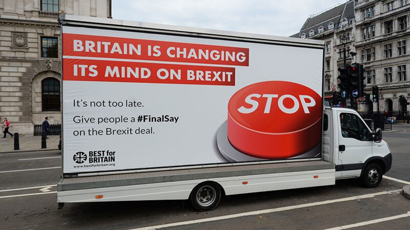 A stop Brexit billboard from Best For Britain is driven around Parliament Square, London&nbsp;