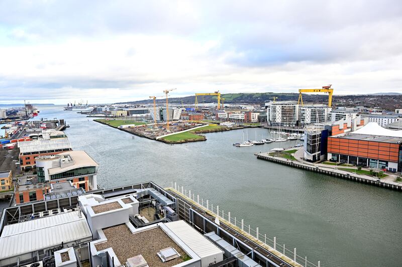 Landscape view of the River Lagan and the Titanic Quarter of Belfast.