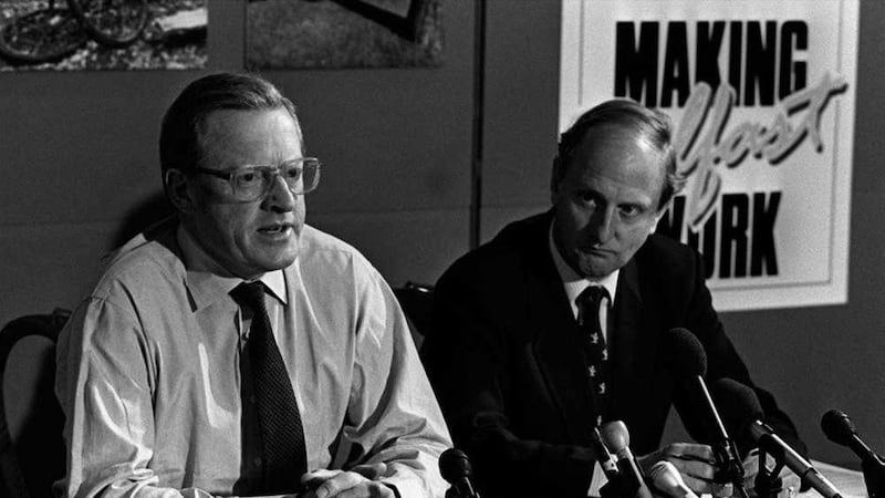 Former Secretary of State Tom King pictured with Richard Needham. 