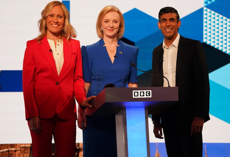 Liz Truss and Rishi Sunak taking part in Our Next Prime Minister, presented by Sophie Raworth