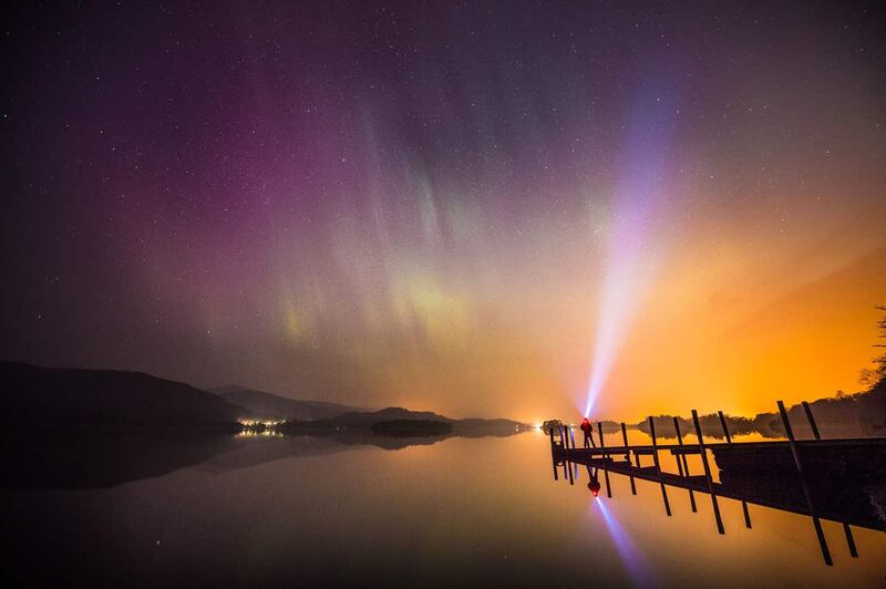 The northern lights over Derwent water, near Keswick, in the Lake District 