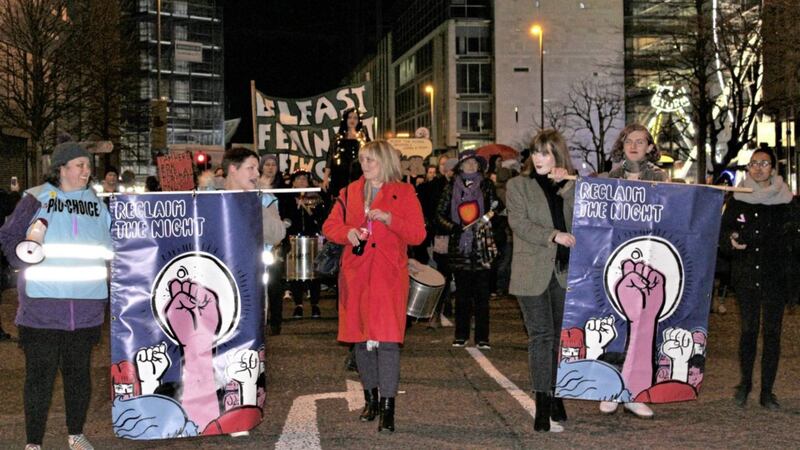 M&aacute;ir&iacute;a Cahill (centre) leads the Reclaim the Night march through Belfast city centre on Saturday 