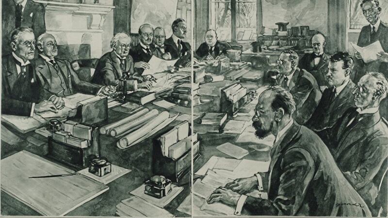 The artist at the Illustrated London News captured the British and Irish Treaty negotiation teams at work 