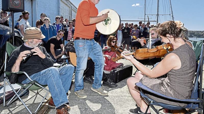 Enda O&#39;Coineen playing a jig at a farewell before sailing from Otago, New Zealand, to Auckland. Picture by Gregor Richardson, Otago Daily Times, Press Association 