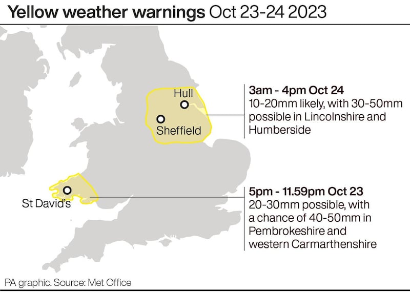 Yellow weather warnings Oct 23-24 2023