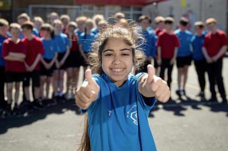 St Mary&#39;s Primary School pupils get behind their classmate Tatiana Silva who is awaiting the go-ahead for a kidney transplant. Picture by Mark Marlow 