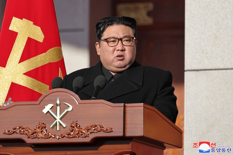 Kim Jong Un speaks at an event marking the 76th founding anniversary of the nation’s army on February 8 (Korean Central News Agency/Korea News Service via AP)