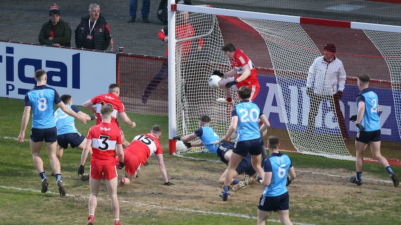Niall Toner slams home the second half goal that reinvigorated Derry's challenge against Dublin at Celtic Park. Picture by Margaret McLaughlin