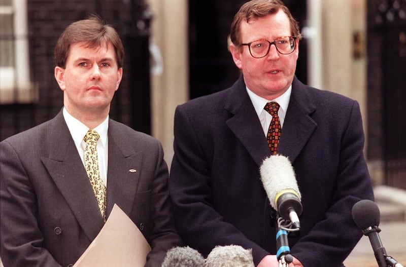 Jeffrey Donaldson was a leading anti-agreement voice within the UUP and a thorn in the side of leader David Trimble (right)
