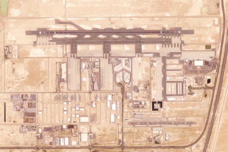 A satellite image of the current Al Maktoum International Airport (Planet Labs PBC/AP)