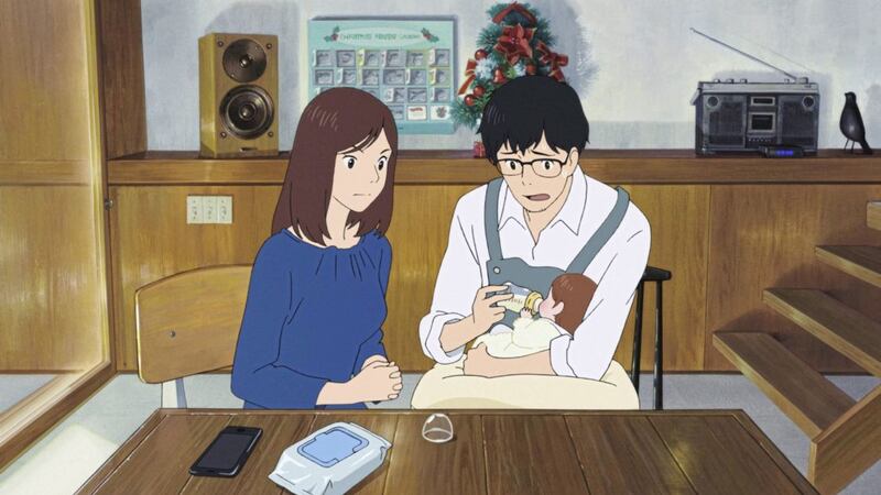 Mother (voiced by Kumiko Aso), father (Gen Hoshino) and baby Kun (Moka Kamishiraishi) in Mirai 