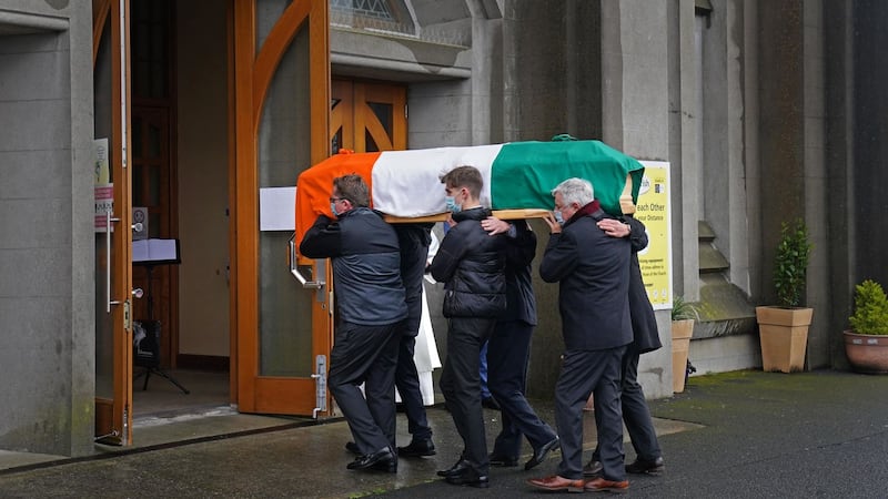 The coffin of Austin Currie is carried into the Church of the Immaculate Conception in Allenwood, Co Kildare, for Requiem Mass. Picture by Brian Lawless/PA Wire&nbsp;