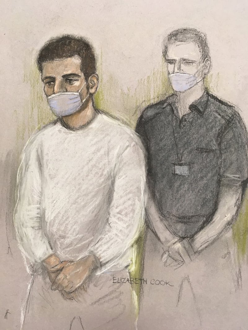 Court artist sketch of Khairi Saadallah appearing via video-link at Westminster Magistrates’ Court