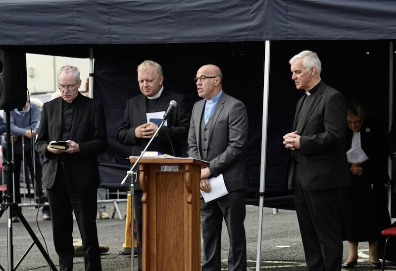 PACEMAKER BELFAST  31/07/2017.Church Leaders  during A memorial service to mark the 45th Anniversary of the Claudy Bomb,   SEFF assisted the families in organising an open air Service of Remembrance and Thanksgiving on Monday Evening  in Claudy..Photo Colm Lenaghan/Pacemaker Press. 
