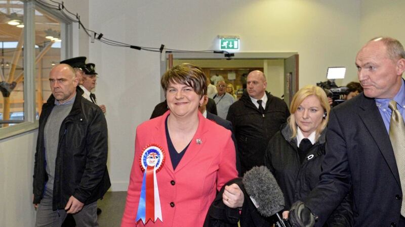 DUP leader Arlene Foster was all smiles after being elected again in Fermanagh South Tyrone. Picture Mark Marlow/pacemaker press. 