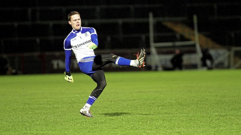 Goalkeeper Rory Beggan lands a long-range free for Monaghan 